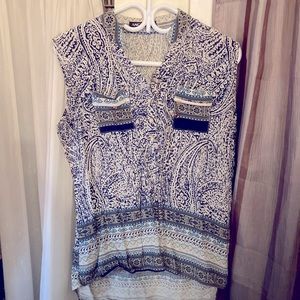 Loose Fitting, Silk Tank Top with Heavy Multi Coloured Blue Pattern.